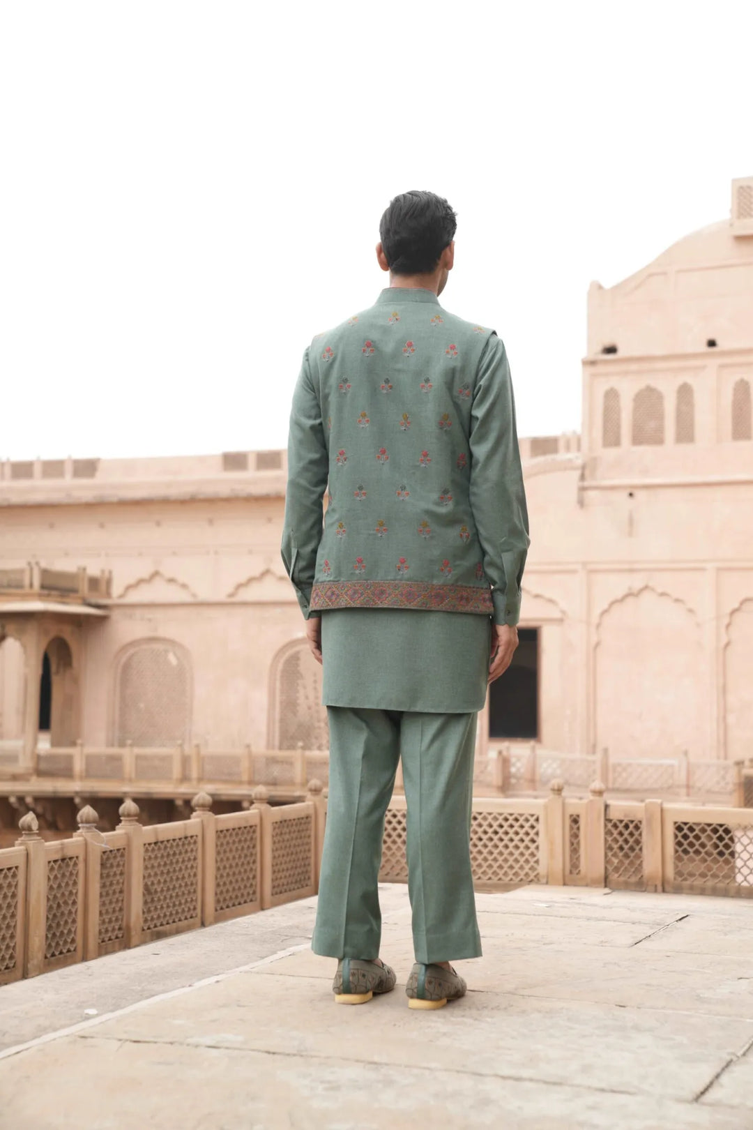 Teal Heritage Embroidered Waistcoat Kurta Set