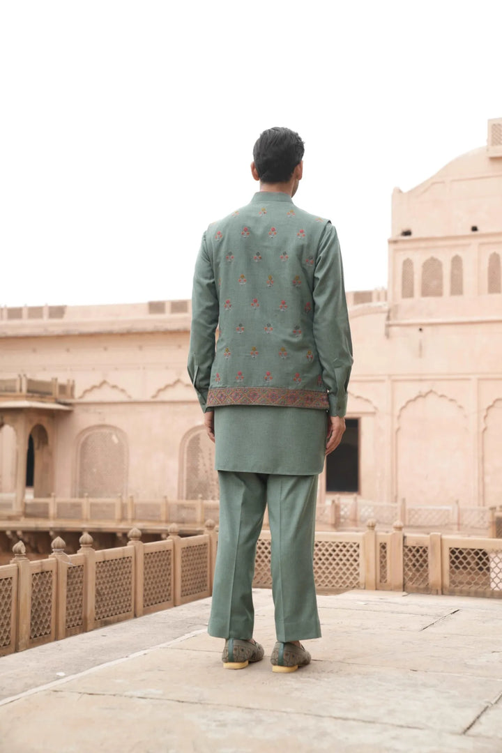 Teal Heritage Embroidered Waistcoat Kurta Set