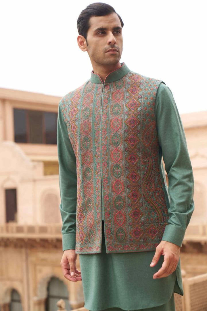 Teal Heritage Embroidered Waistcoat Kurta Set