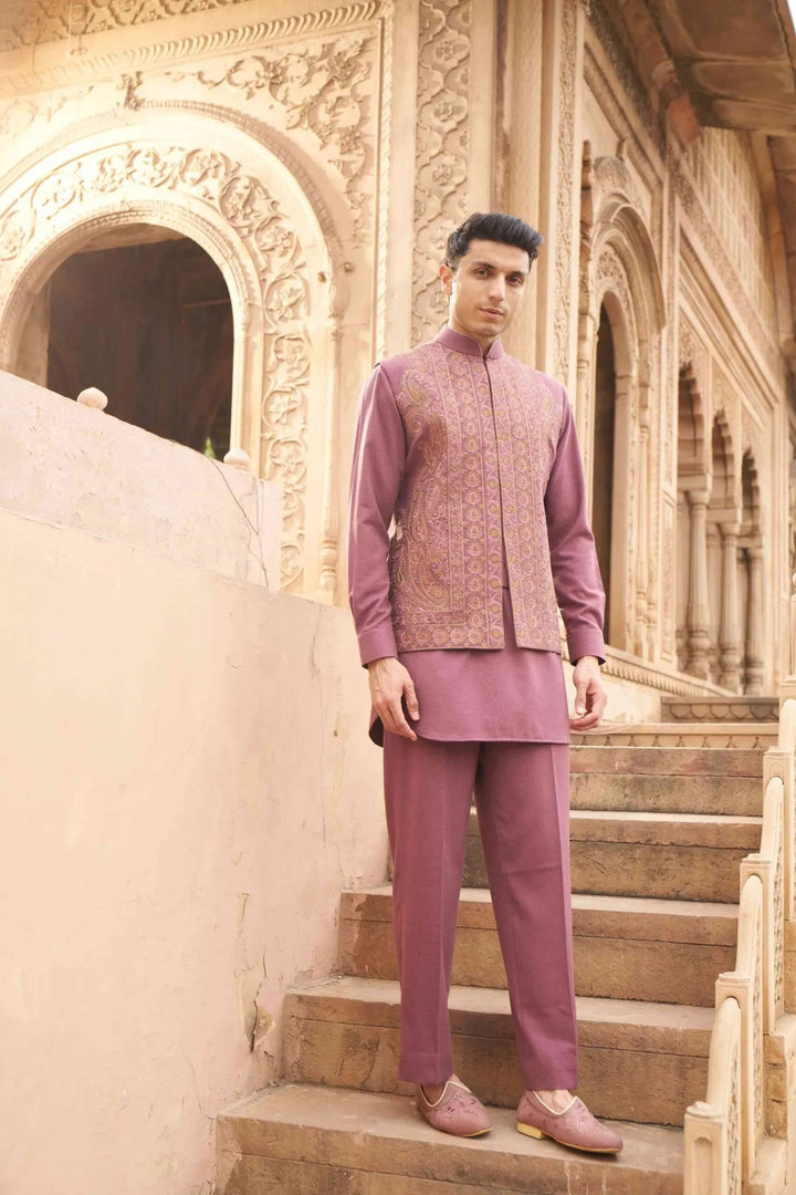 Dusty Rose Paisley Embroidered Waistcoat Kurta Set