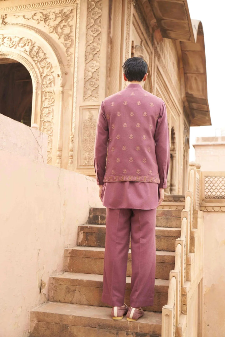 Dusty Rose Paisley Embroidered Waistcoat Kurta Set
