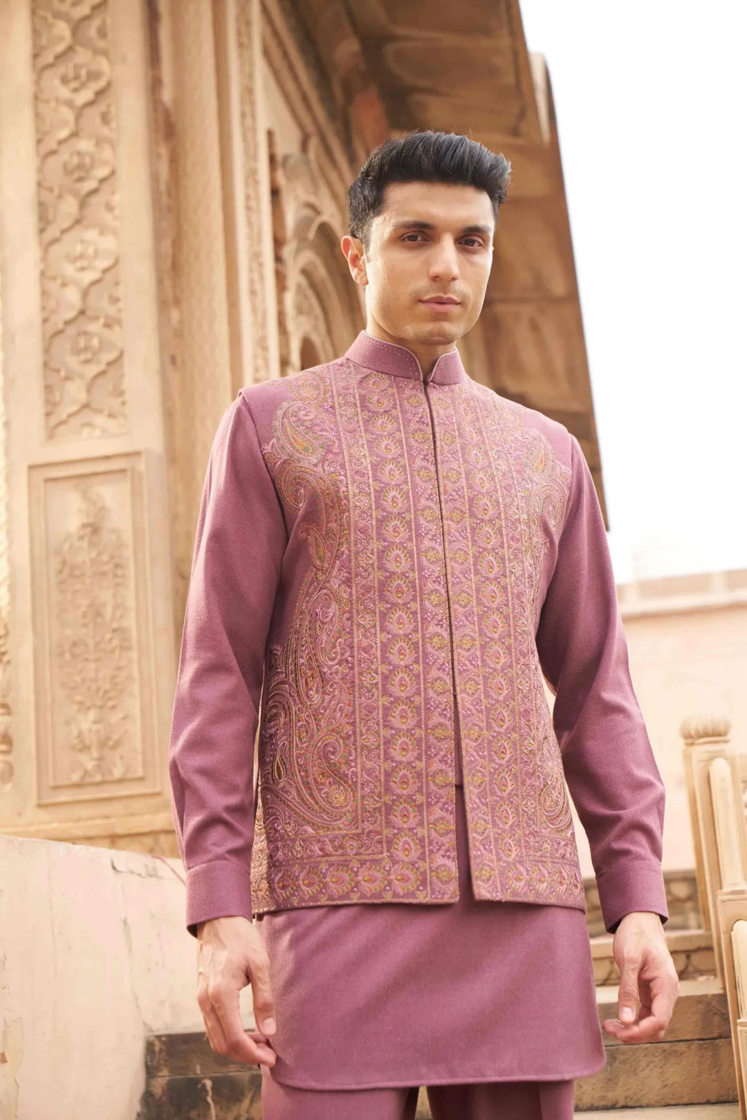 Dusty Rose Paisley Embroidered Waistcoat Kurta Set