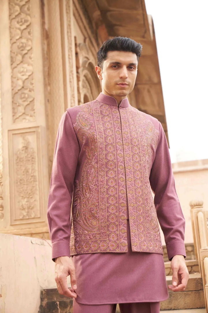 Dusty Rose Paisley Embroidered Waistcoat Kurta Set