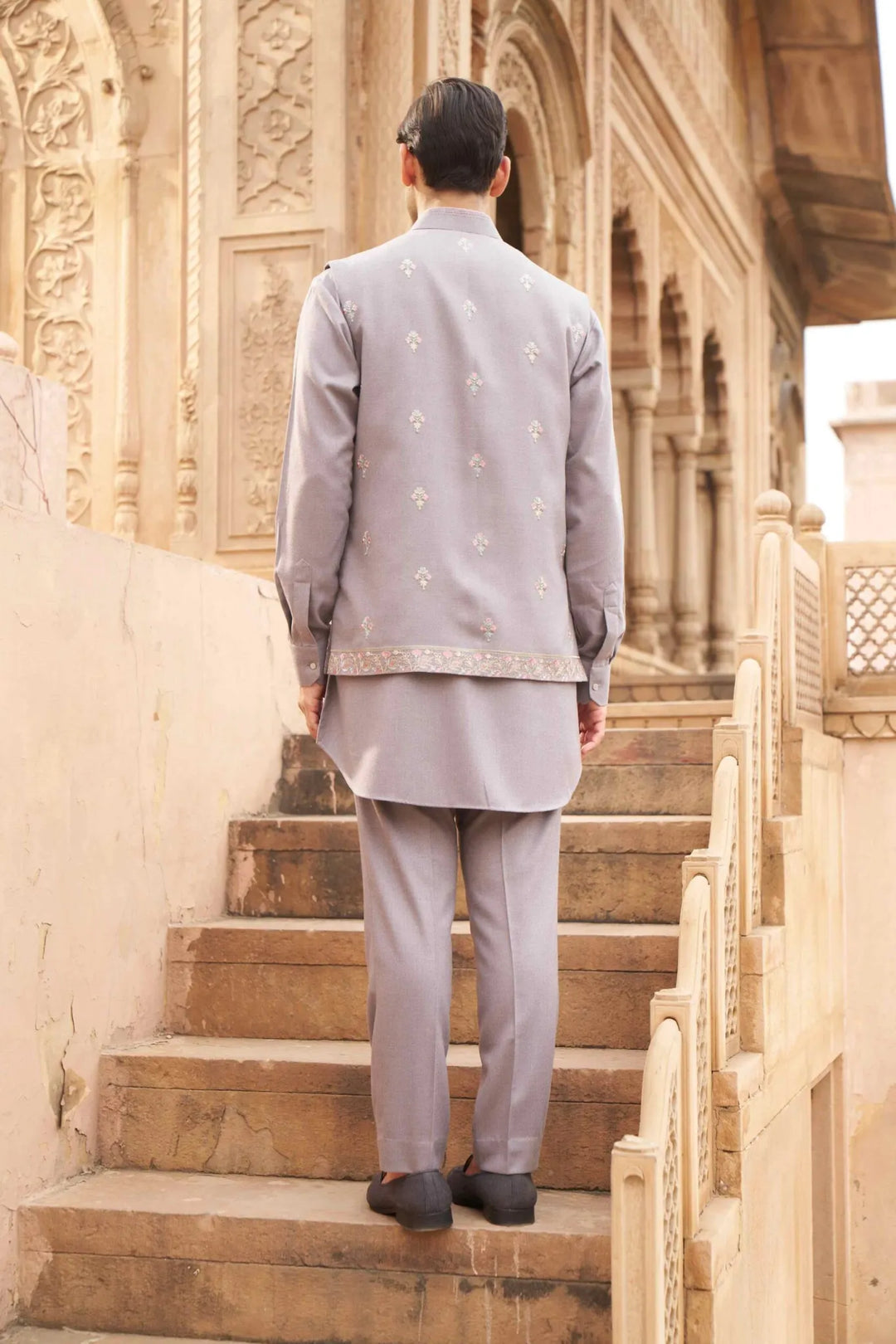 Lavender Grey Paisley Embroidered Waistcoat Kurta Set