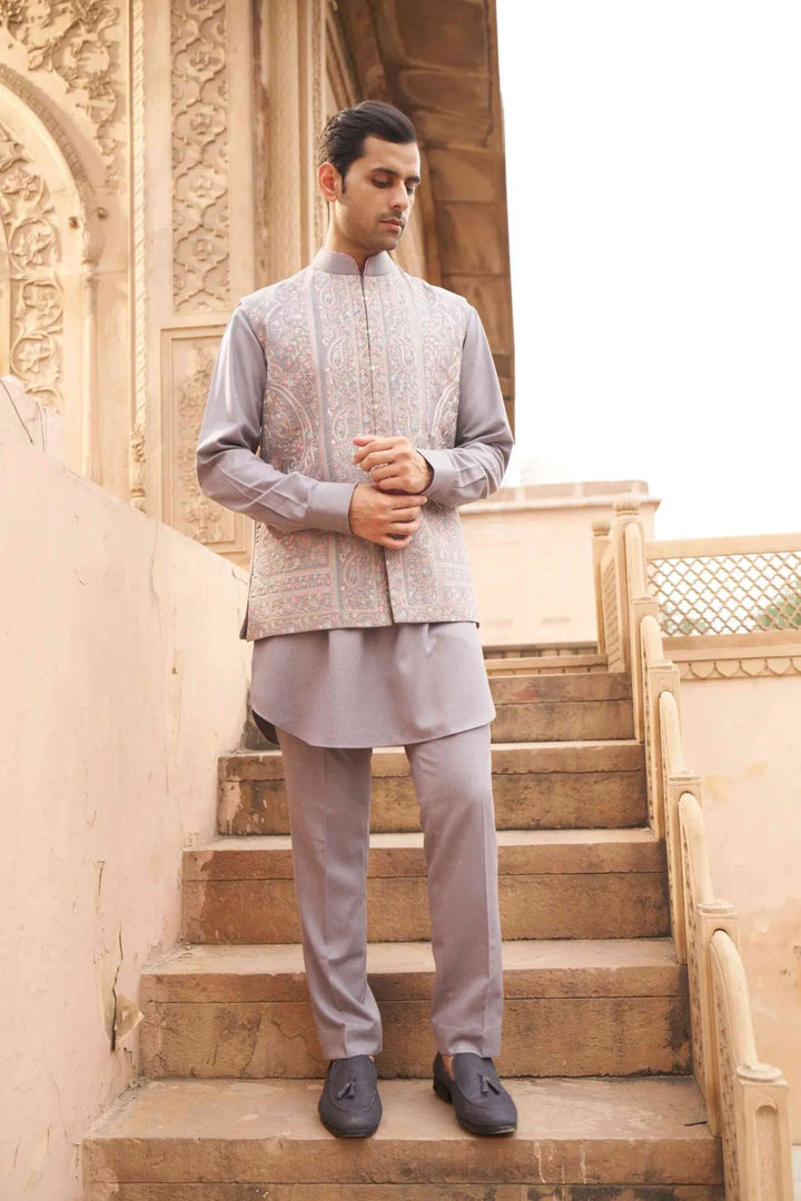 Lavender Grey Paisley Embroidered Waistcoat Kurta Set