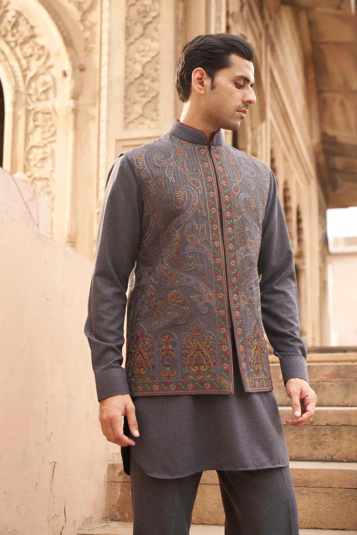Charcoal Grey Paisley Embroidered Waistcoat Kurta Set