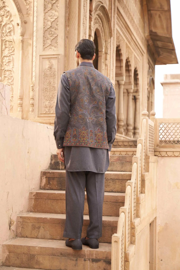 Charcoal Grey Paisley Embroidered Waistcoat Kurta Set