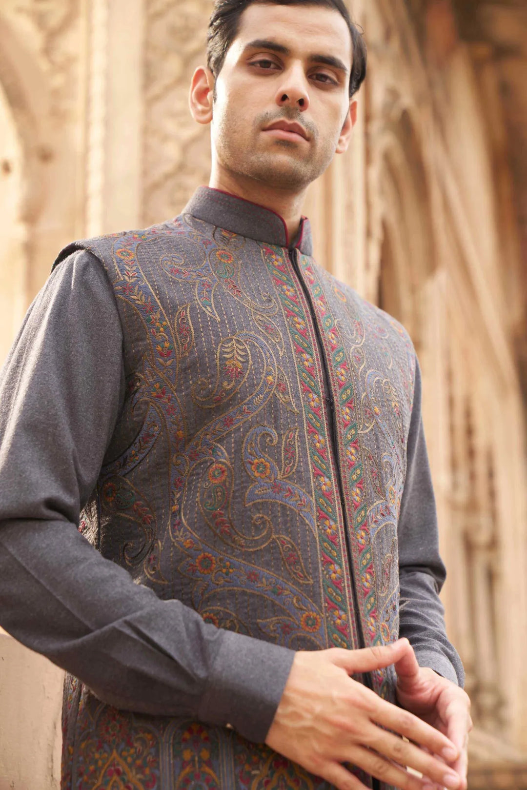 Charcoal Grey Paisley Embroidered Waistcoat Kurta Set