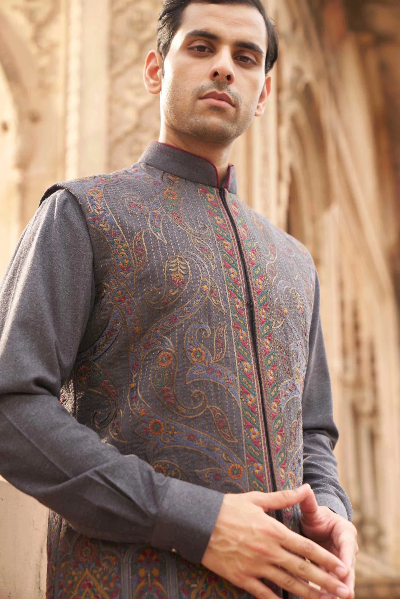 Charcoal Grey Paisley Embroidered Waistcoat Kurta Set