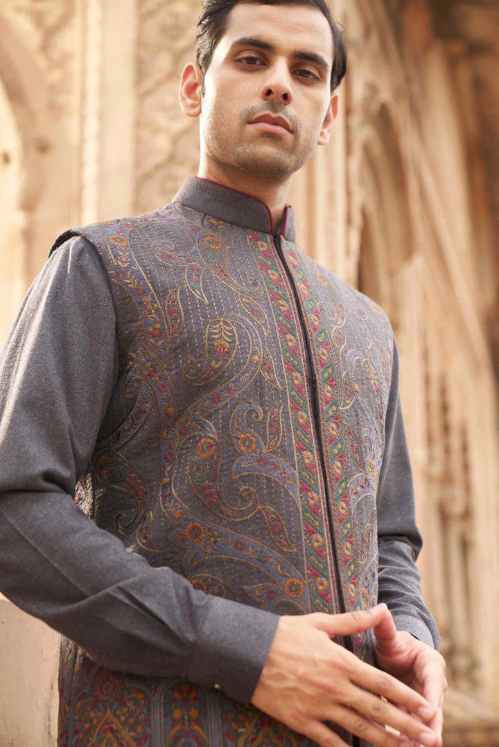 Charcoal Grey Paisley Embroidered Waistcoat Kurta Set