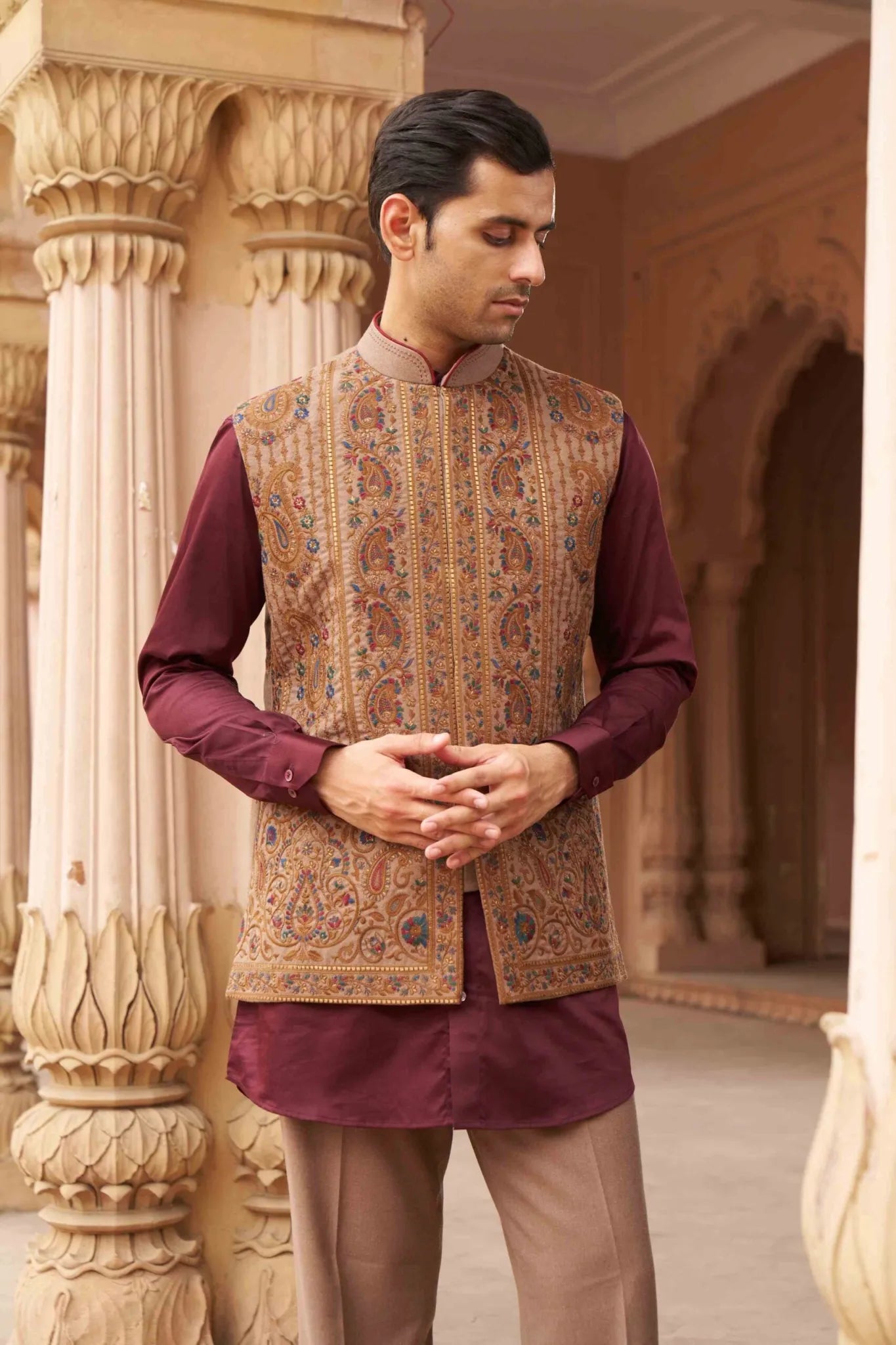 Maroon Kurta Set with Beige Paisley Embroidered Waistcoat