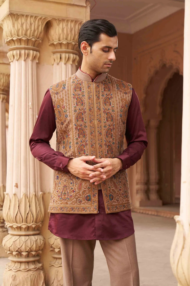 Maroon Kurta Set with Beige Paisley Embroidered Waistcoat