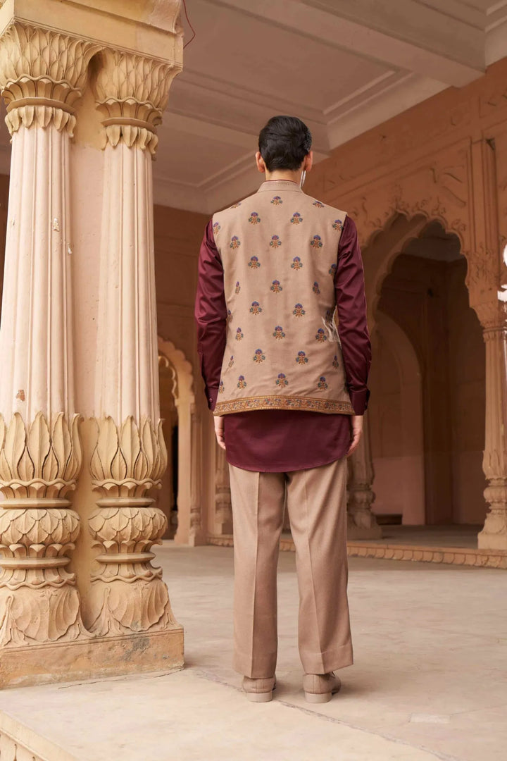 Maroon Kurta Set with Beige Paisley Embroidered Waistcoat