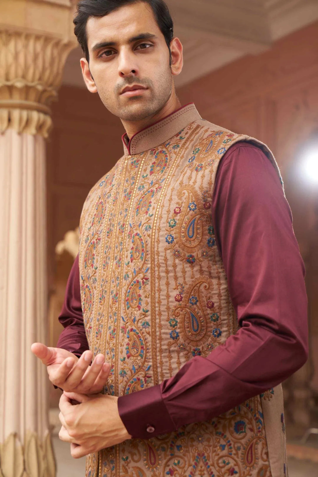 Maroon Kurta Set with Beige Paisley Embroidered Waistcoat