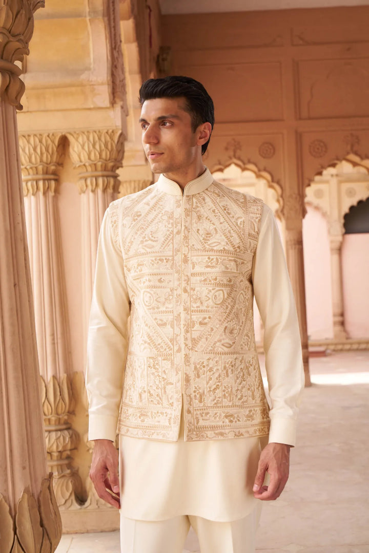 Regal Ivory Heritage Embroidered Waistcoat Kurta Set