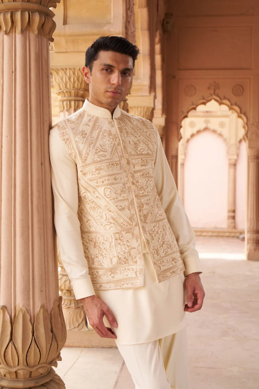 Regal Ivory Heritage Embroidered Waistcoat Kurta Set