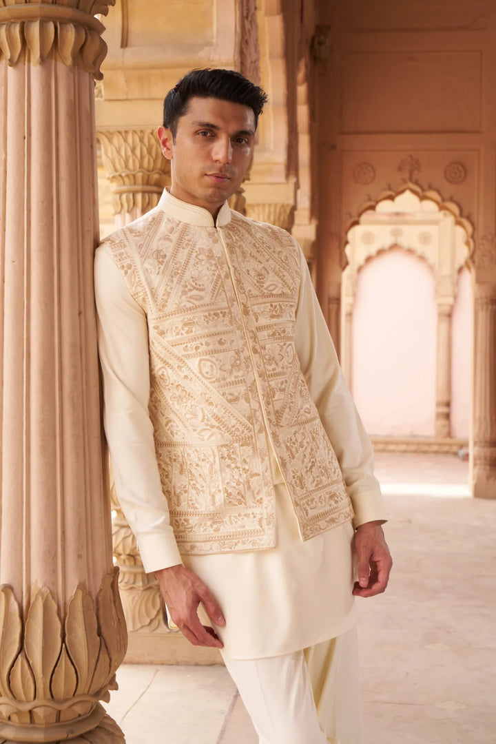 Regal Ivory Heritage Embroidered Waistcoat Kurta Set