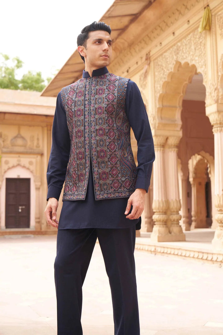 Royal Navy Multicolour Embroidered Waistcoat Kurta Set