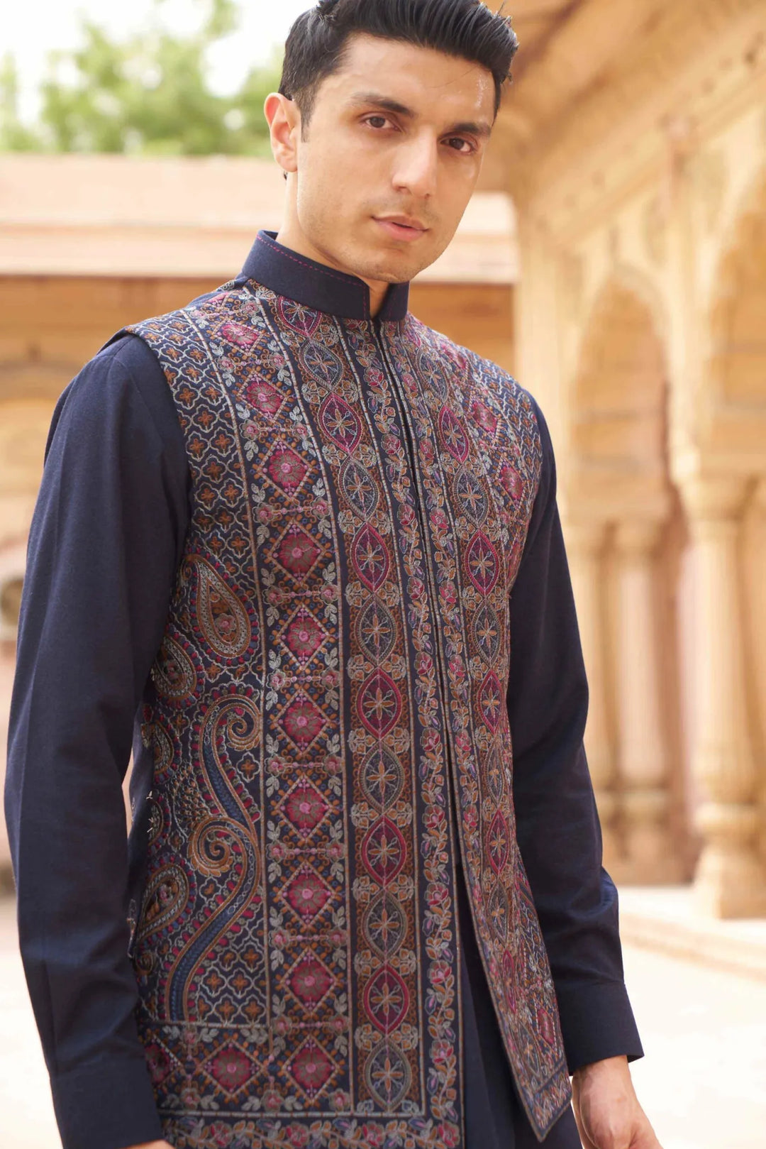 Royal Navy Multicolour Embroidered Waistcoat Kurta Set