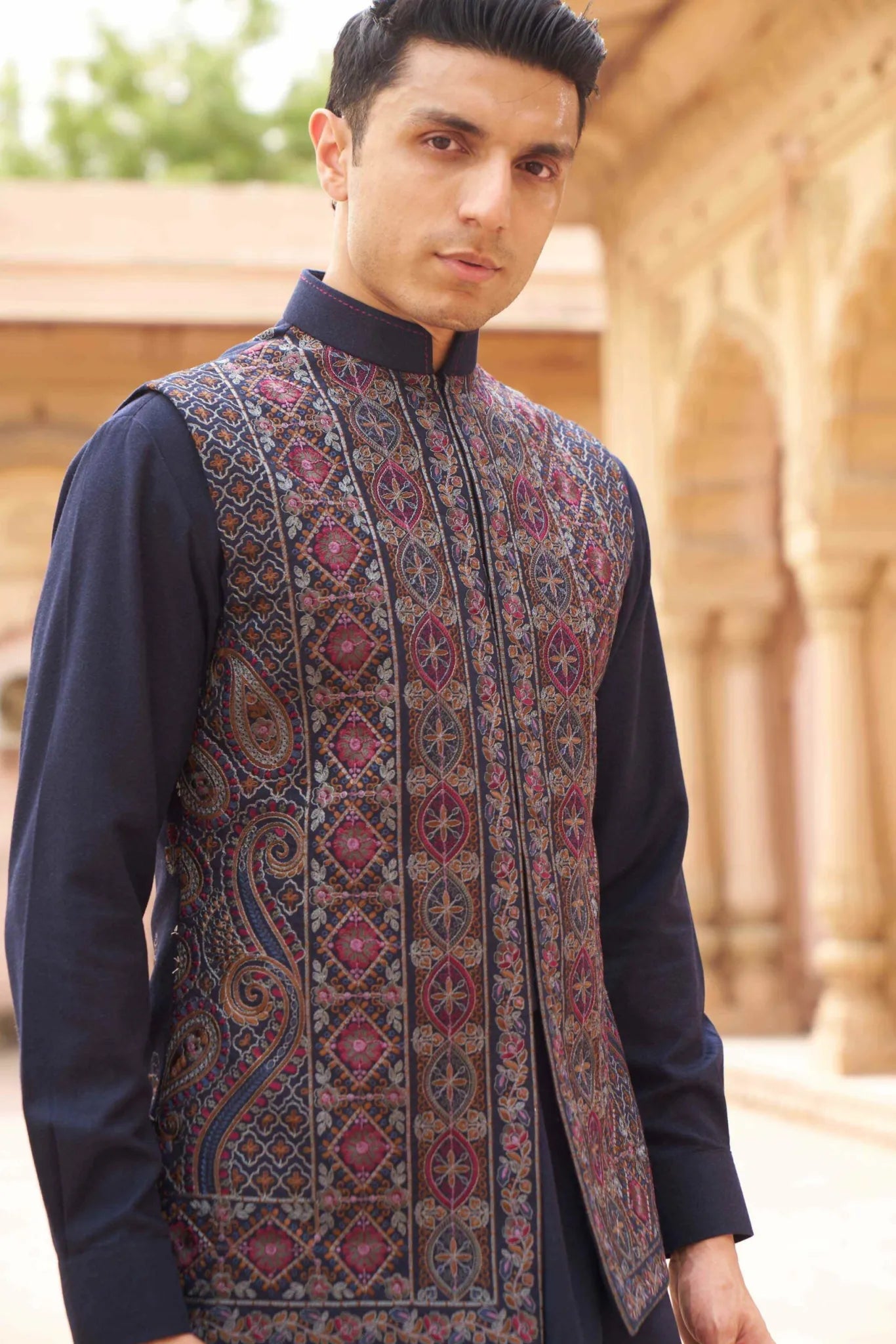 Royal Navy Multicolour Embroidered Waistcoat Kurta Set