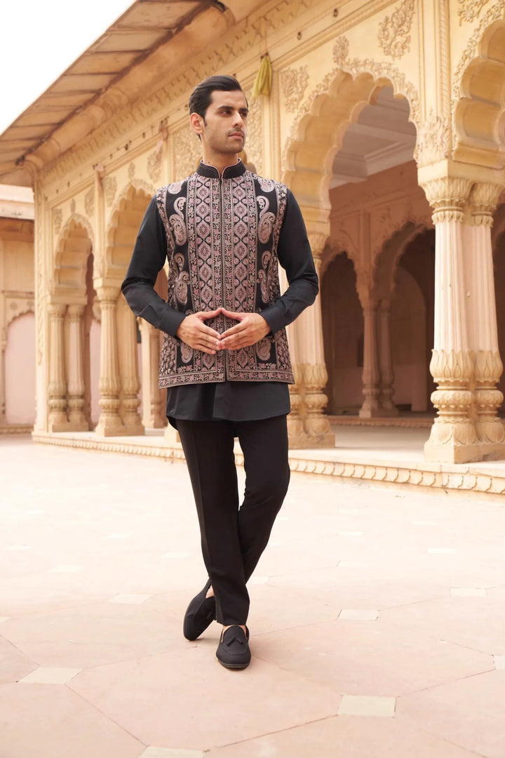 Midnight Noir Embroidered Waistcoat Kurta Set
