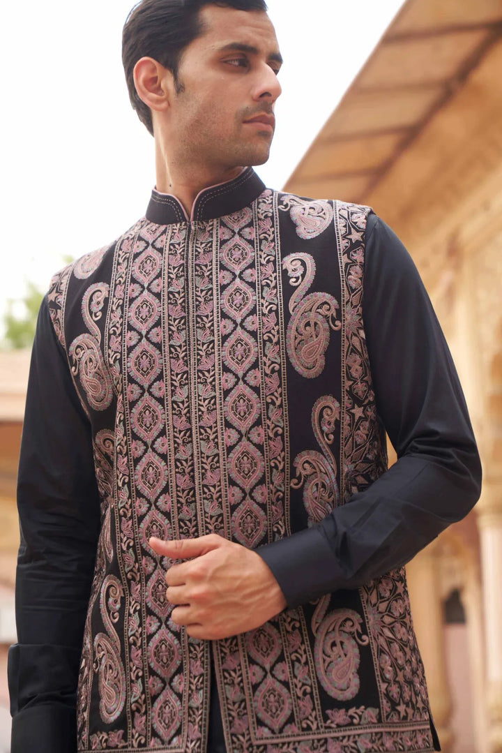 Midnight Noir Embroidered Waistcoat Kurta Set