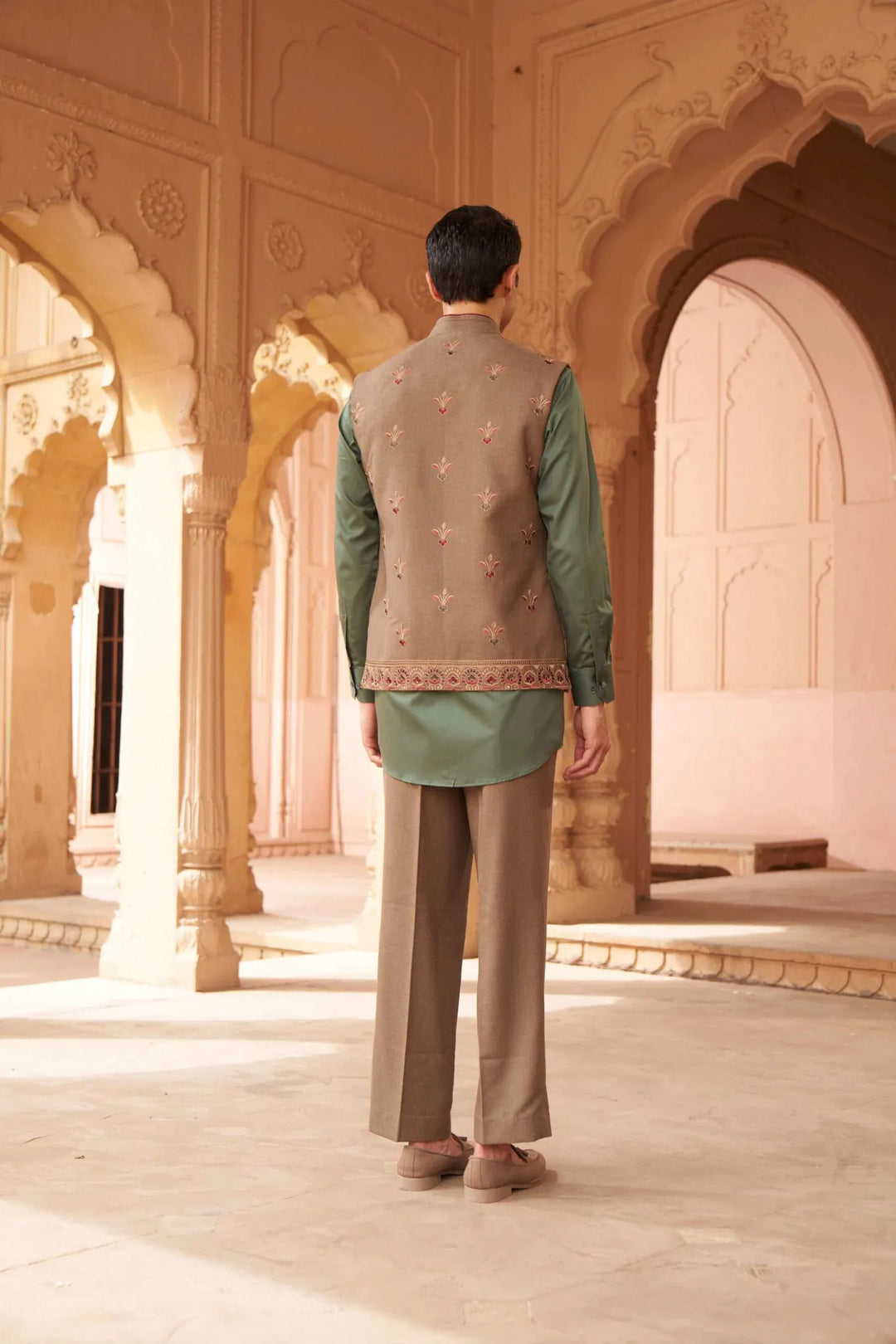 Sage Green Kurta Set with Heritage Embroidered Waistcoat