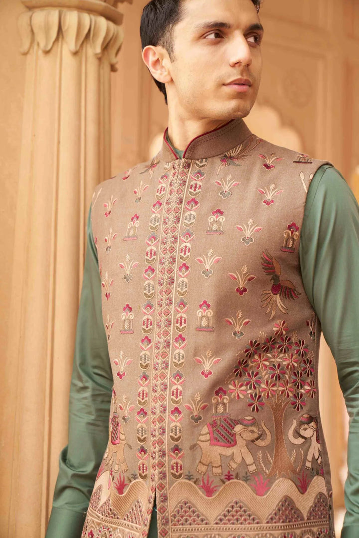 Sage Green Kurta Set with Heritage Embroidered Waistcoat