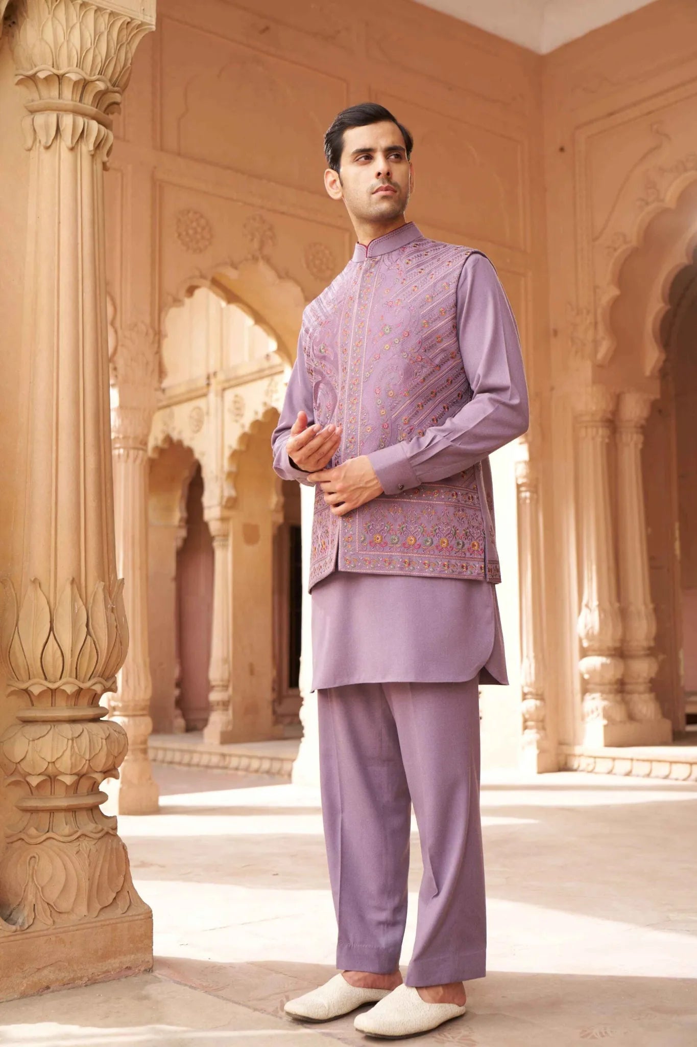 Lavender Heritage Embroidered Waistcoat Kurta Set