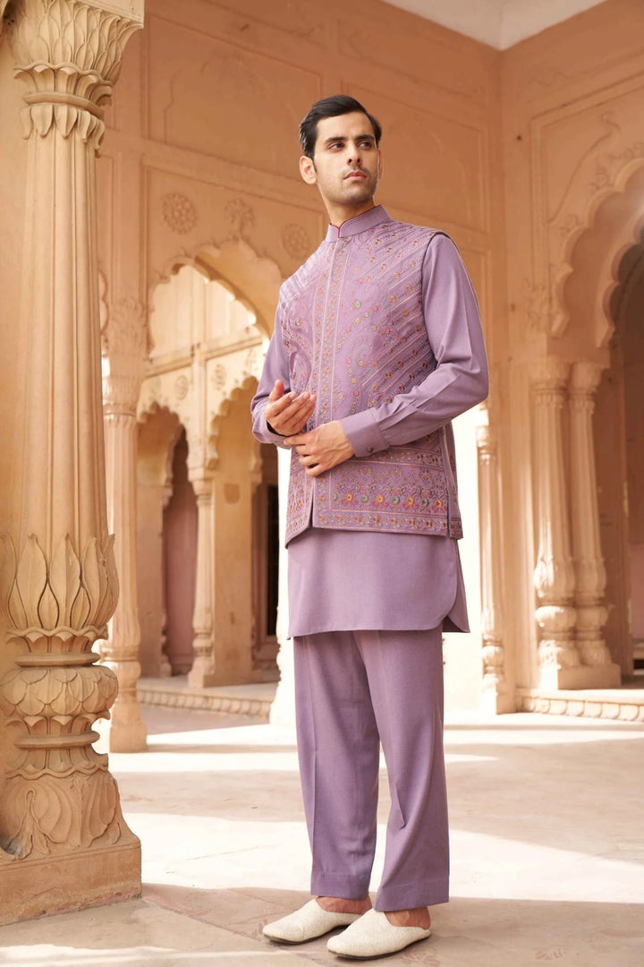 Lavender Heritage Embroidered Waistcoat Kurta Set
