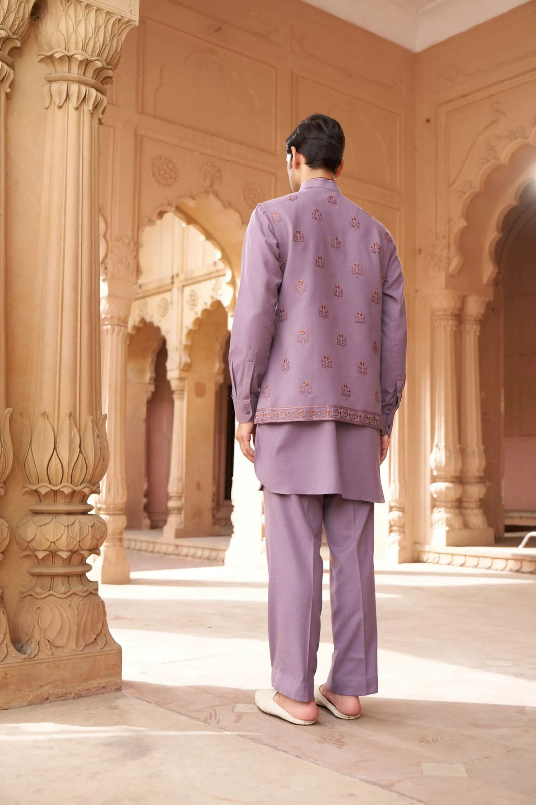 Lavender Heritage Embroidered Waistcoat Kurta Set