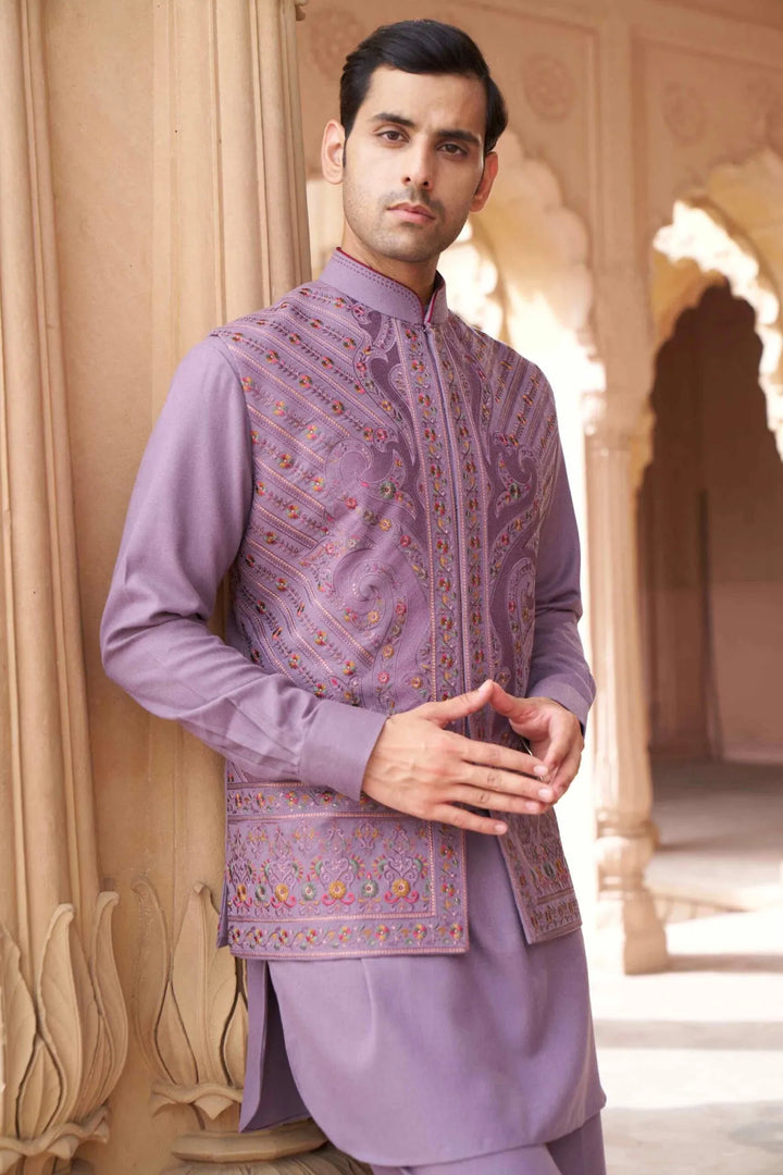 Lavender Heritage Embroidered Waistcoat Kurta Set