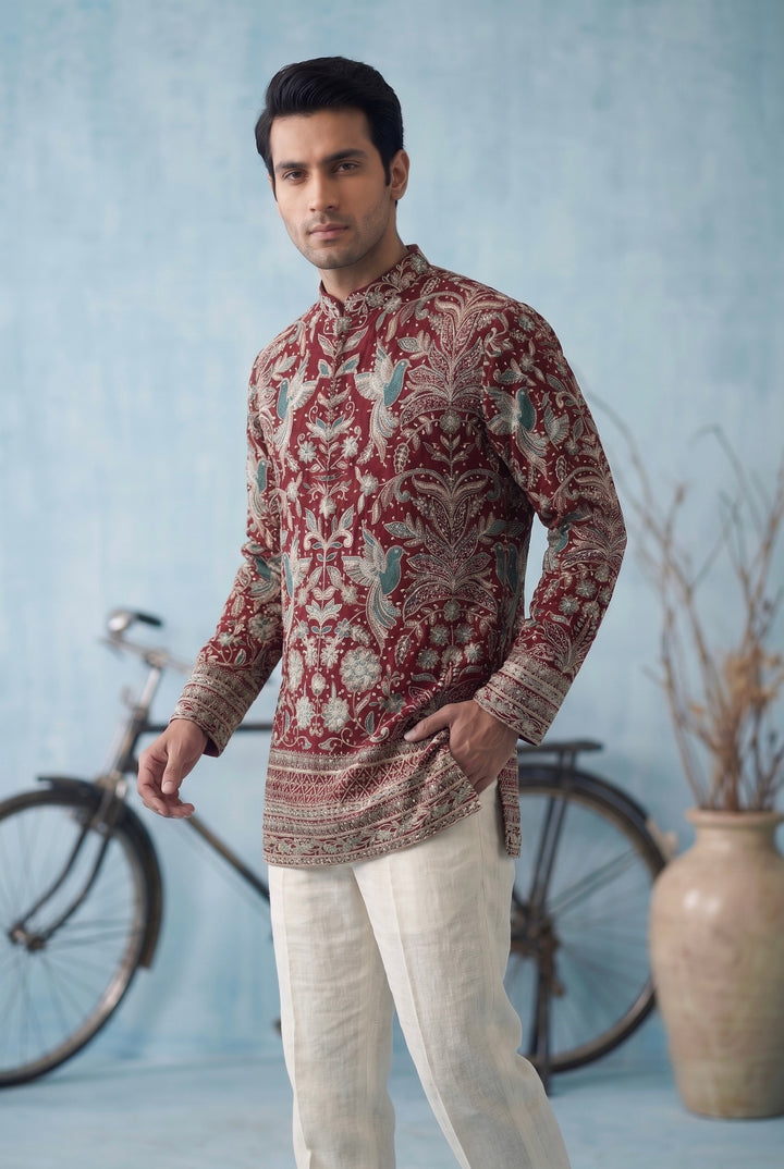 Maroon Heritage Embroidered Short Kurta for Men