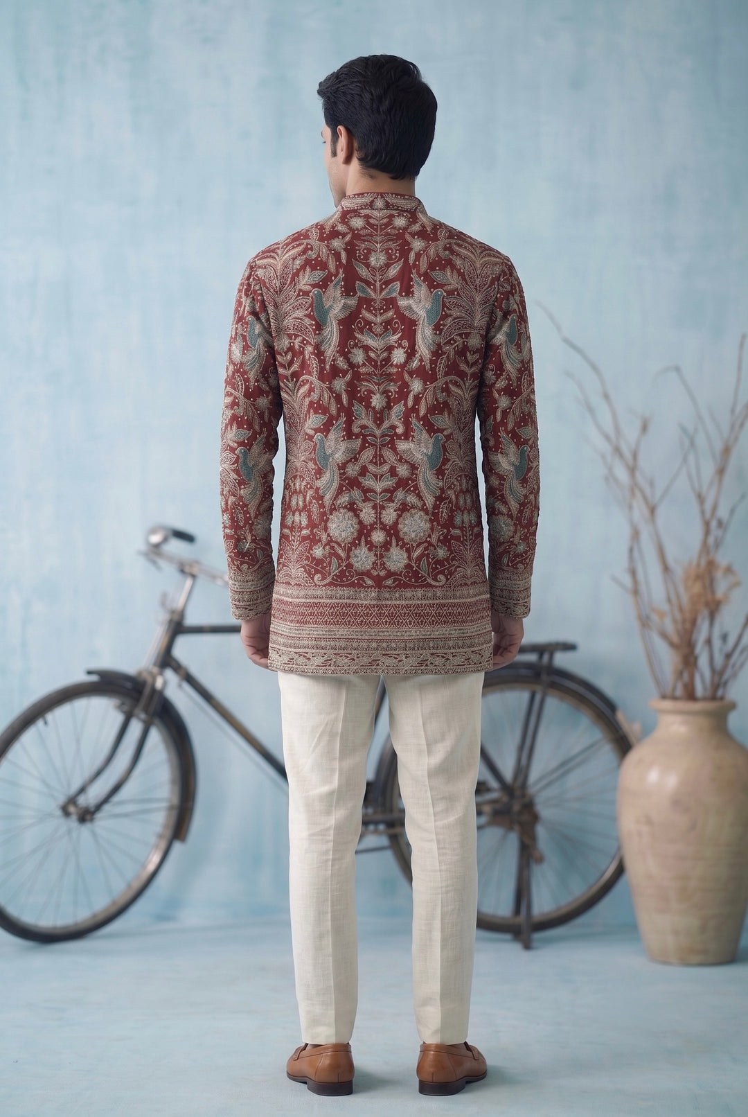 Maroon Heritage Embroidered Short Kurta for Men