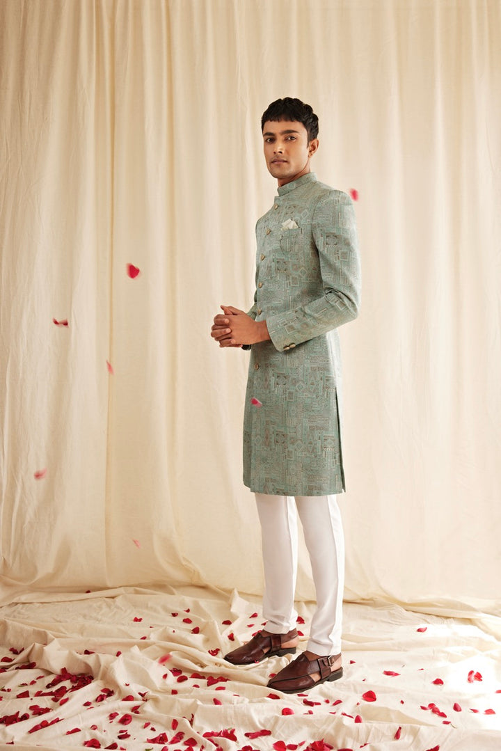 Abees Green jacquard geometric sherwani set - front view