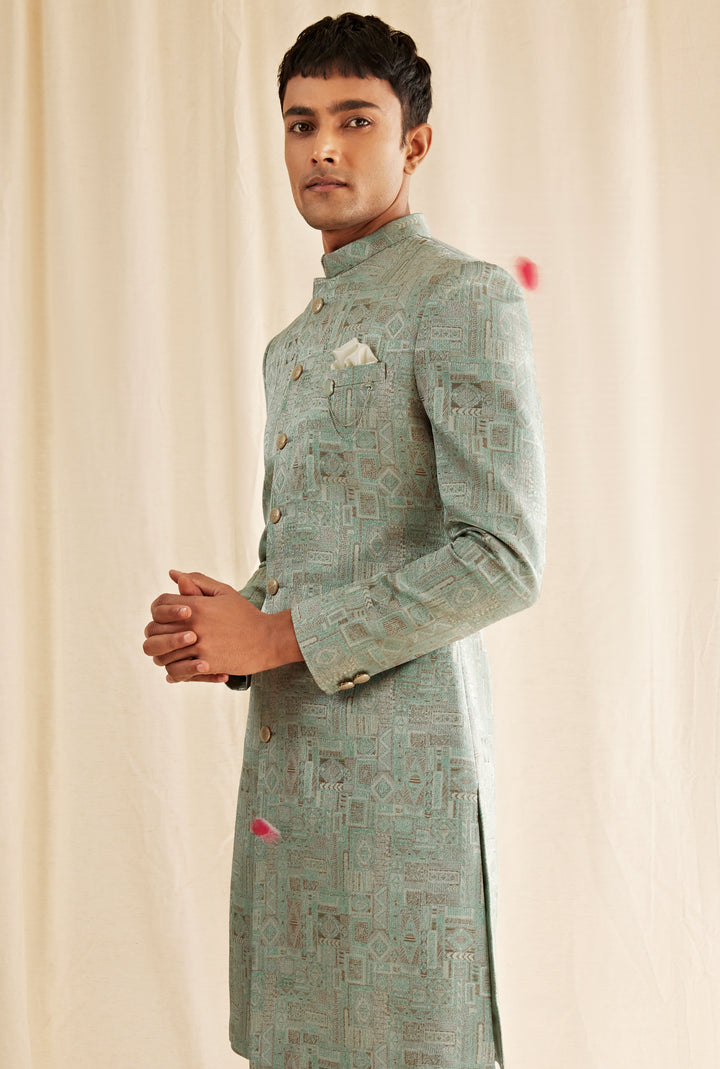 Abees Green jacquard geometric sherwani set - back view