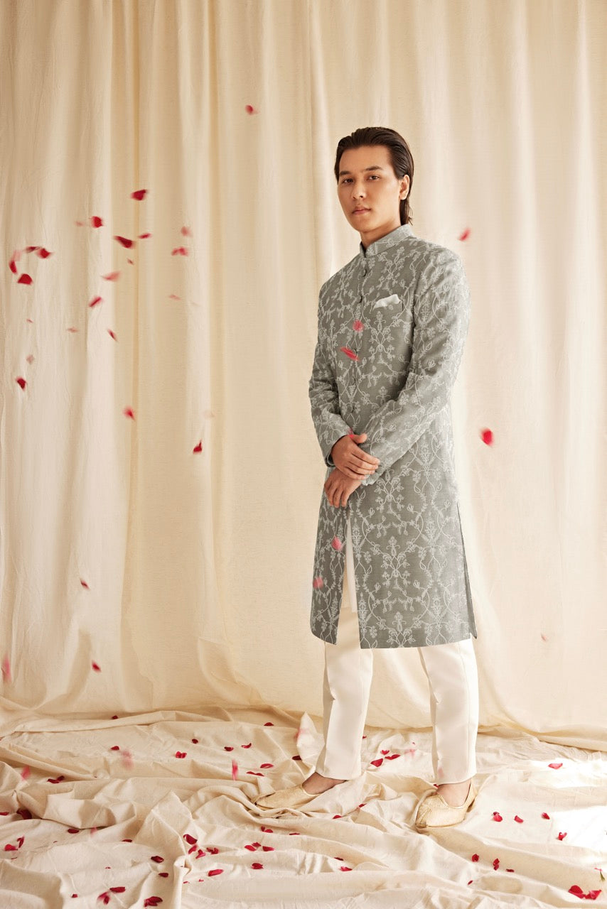 Soft Grey Embroidered Sherwani – Subtle & Elegant Wedding Wear for Men