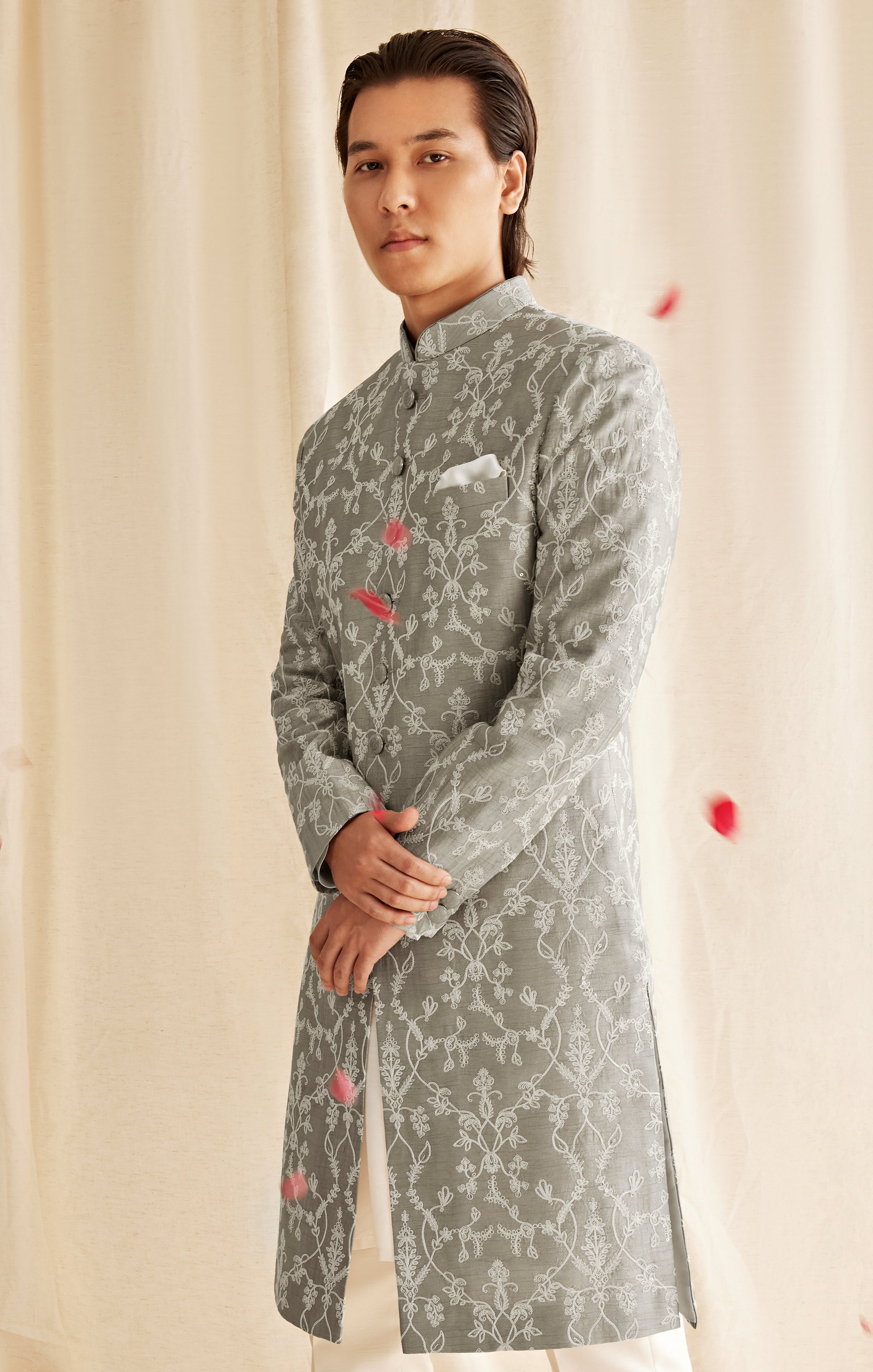 Soft Grey Embroidered Sherwani – Subtle & Elegant Wedding Wear for Men