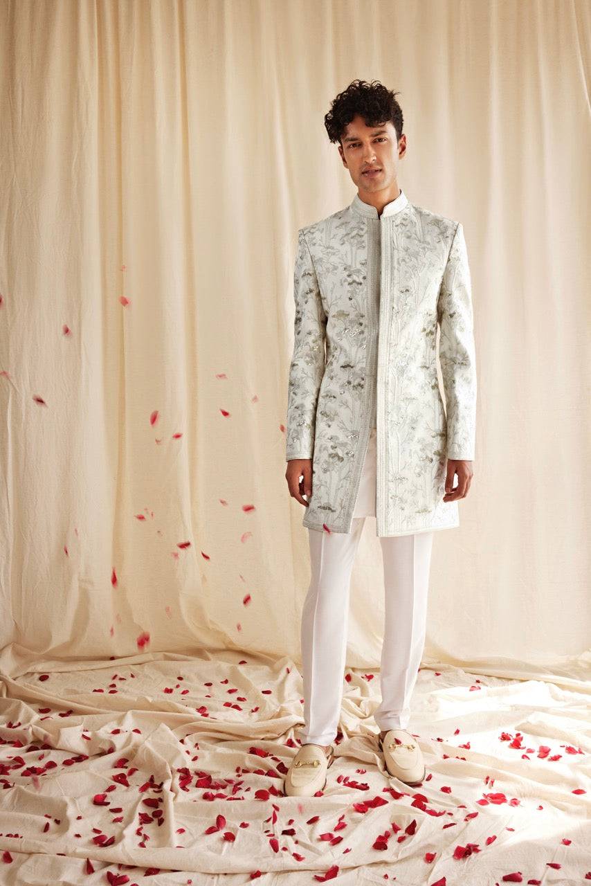 White & Silver Embroidered Sherwani – Regal Wedding & Reception Wear for Men