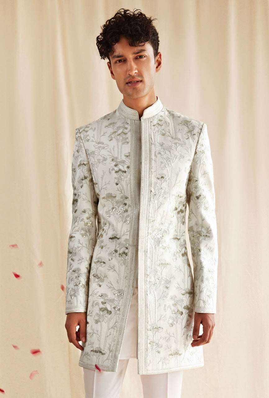 White & Silver Embroidered Sherwani – Regal Wedding & Reception Wear for Men