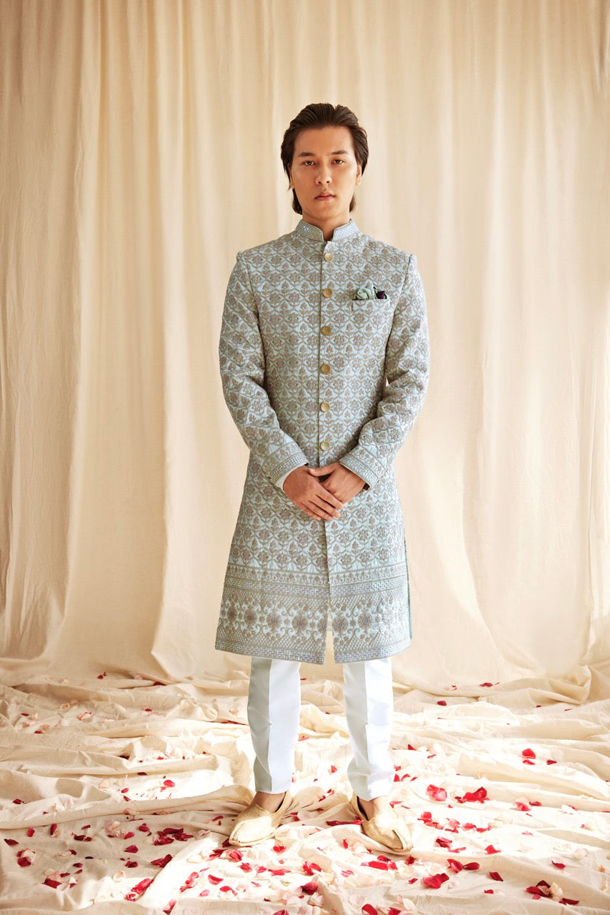 Mint Green Embroidered Sherwani – Elegant Wedding & Festive Wear for Men