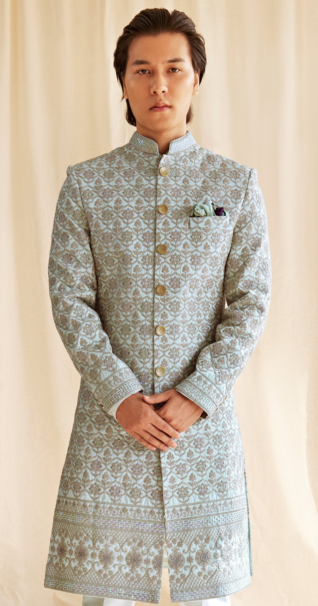 Abees Green embroidered sherwani set - back view