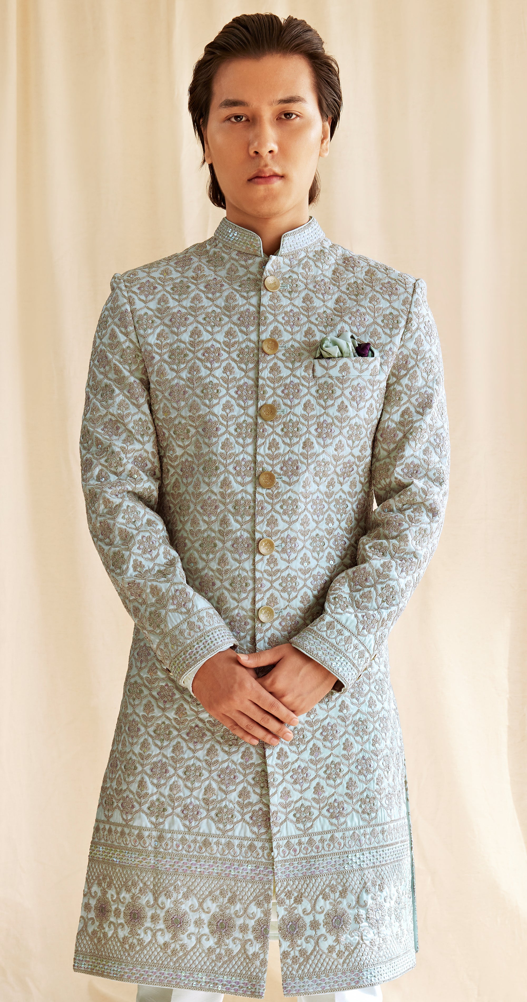 Abees Green embroidered sherwani set - back view