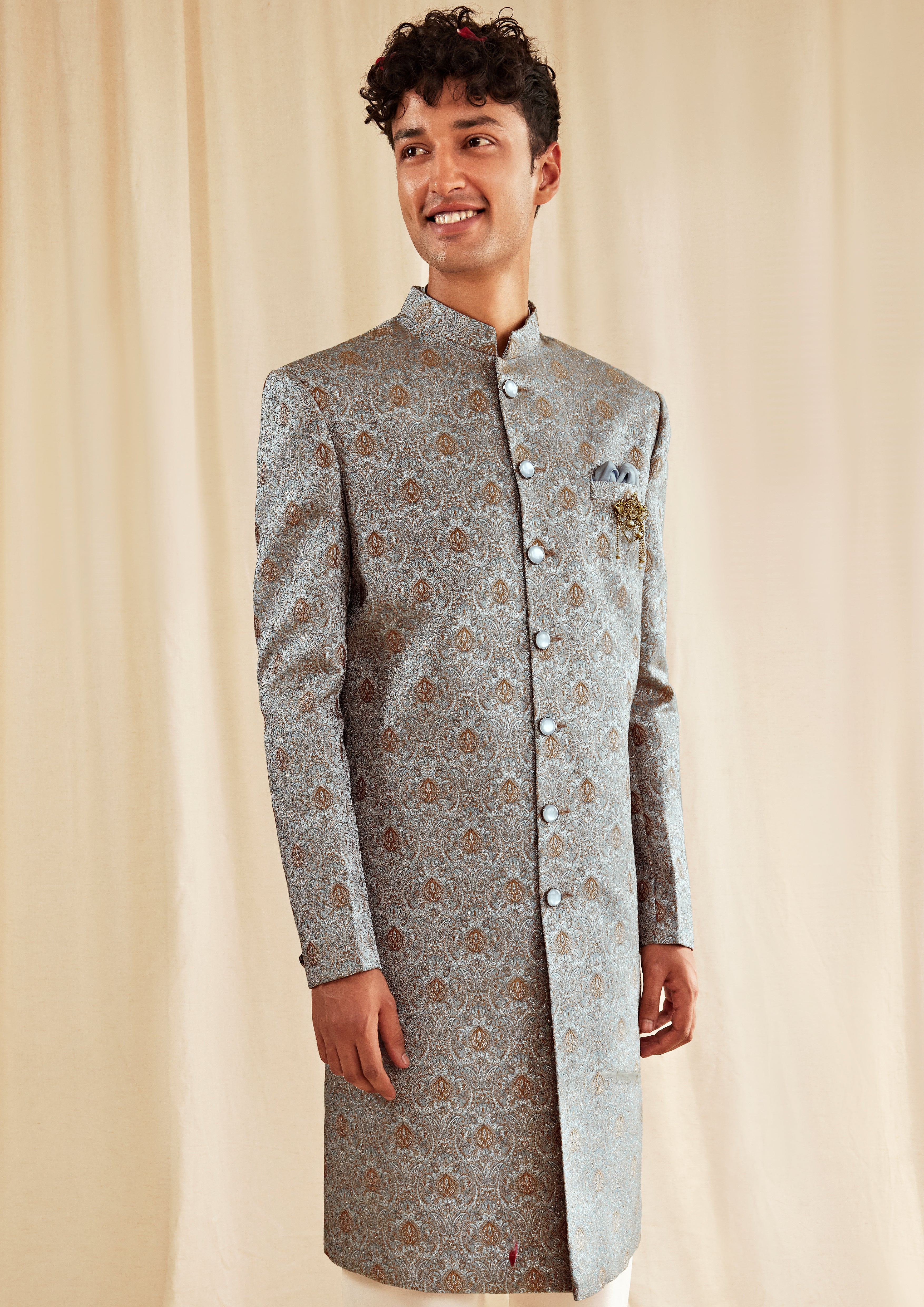 Powder Blue Brocade Sherwani with Golden Motifs – Luxury Wedding & Festive Wear