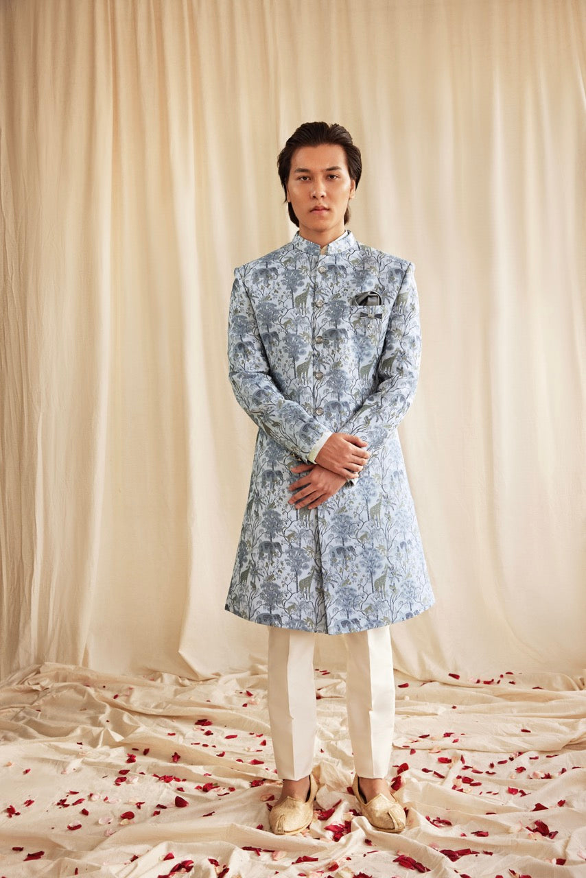 Powder Blue Heritage Print Sherwani – Regal Wedding & Festive Wear for Men