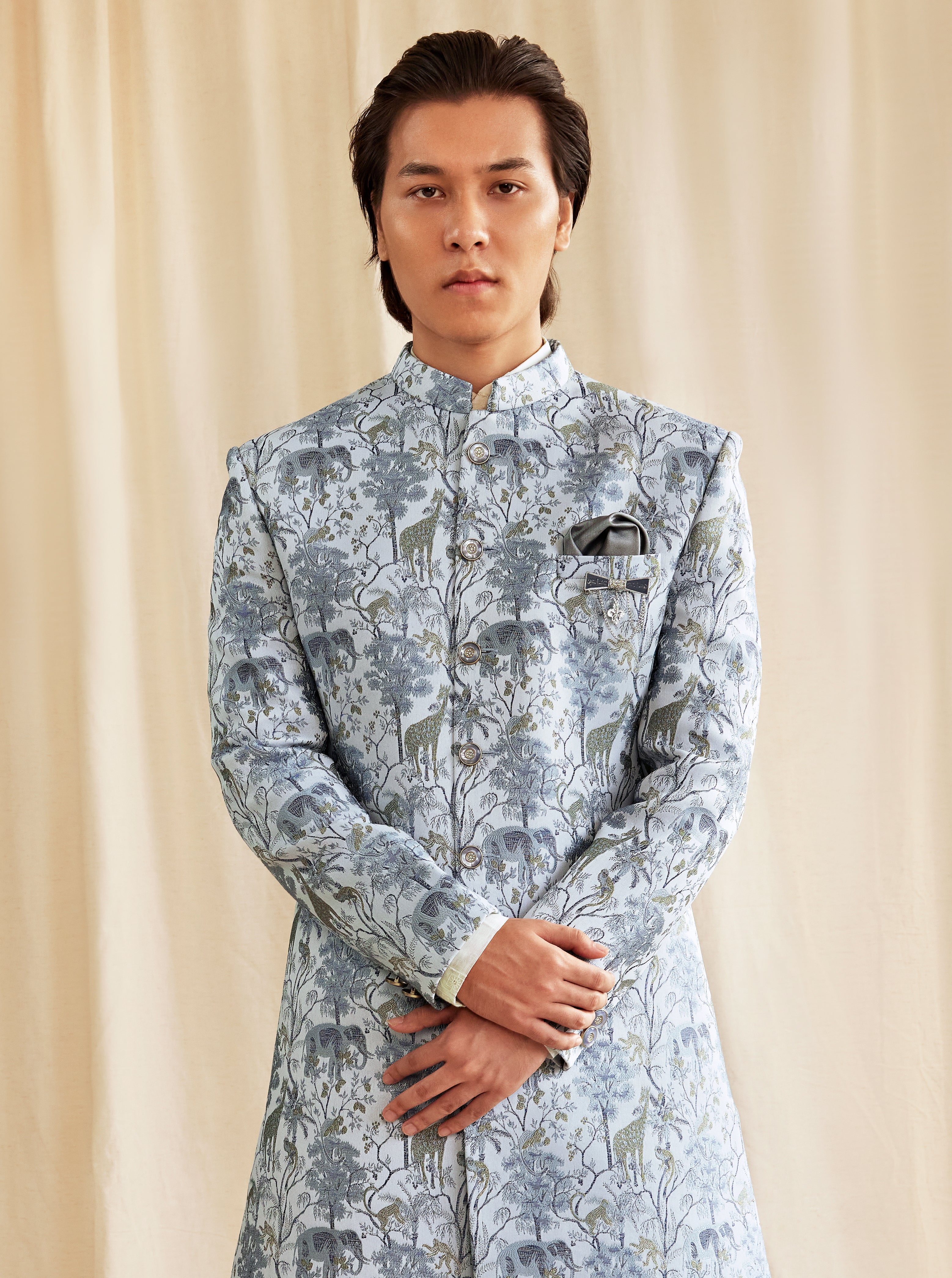 Powder Blue Heritage Print Sherwani – Regal Wedding & Festive Wear for Men