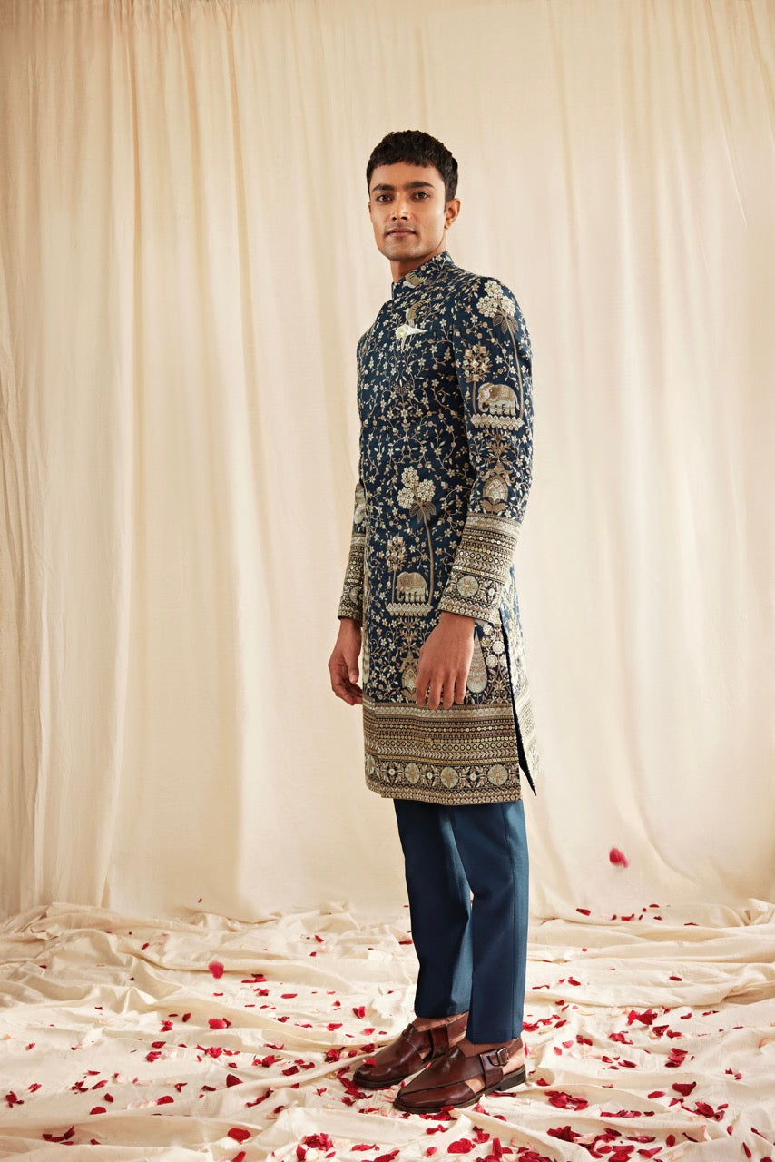 Navy Blue Embroidered Kurta with Heritage Motifs – Luxury Wedding & Festive Wear
