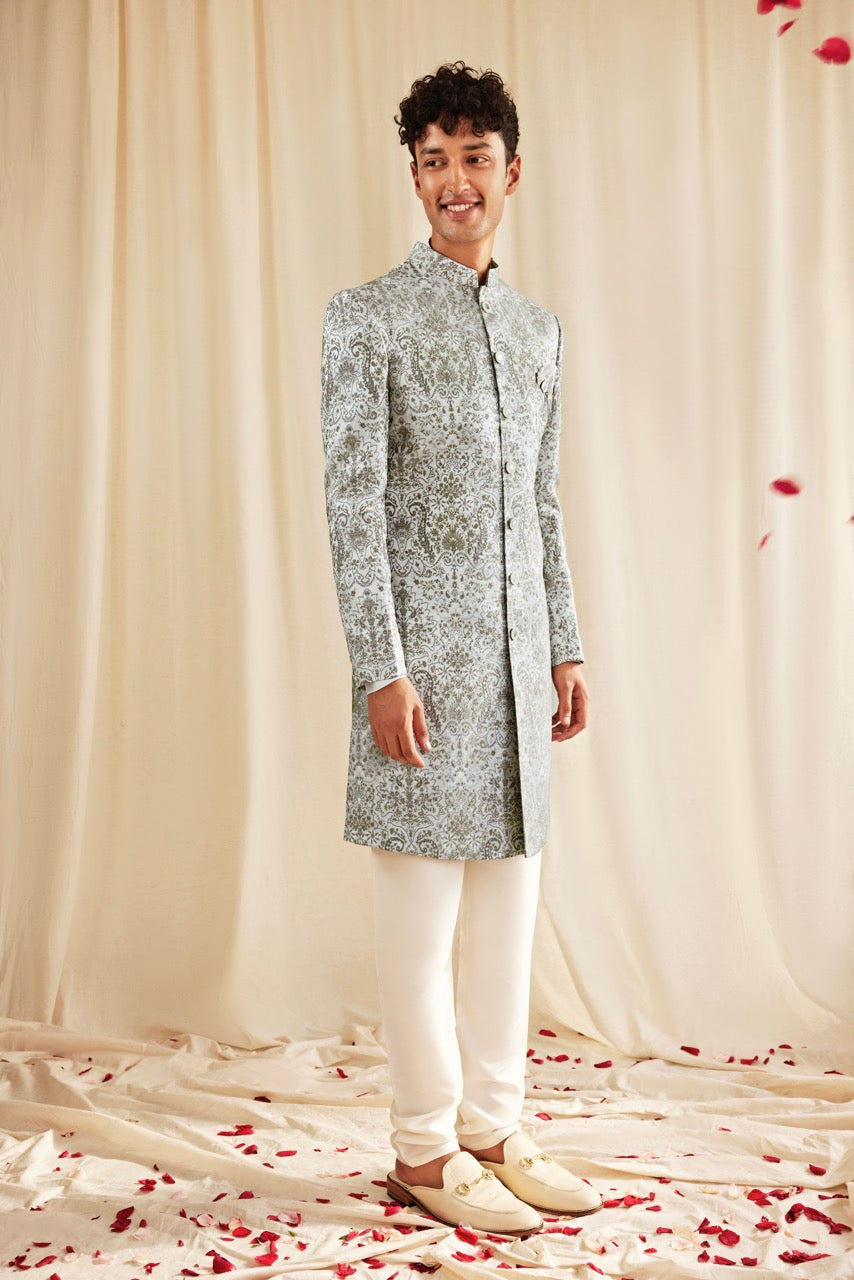 Silver Grey Jacquard Sherwani for Men – Elegant Wedding & Festive Wear