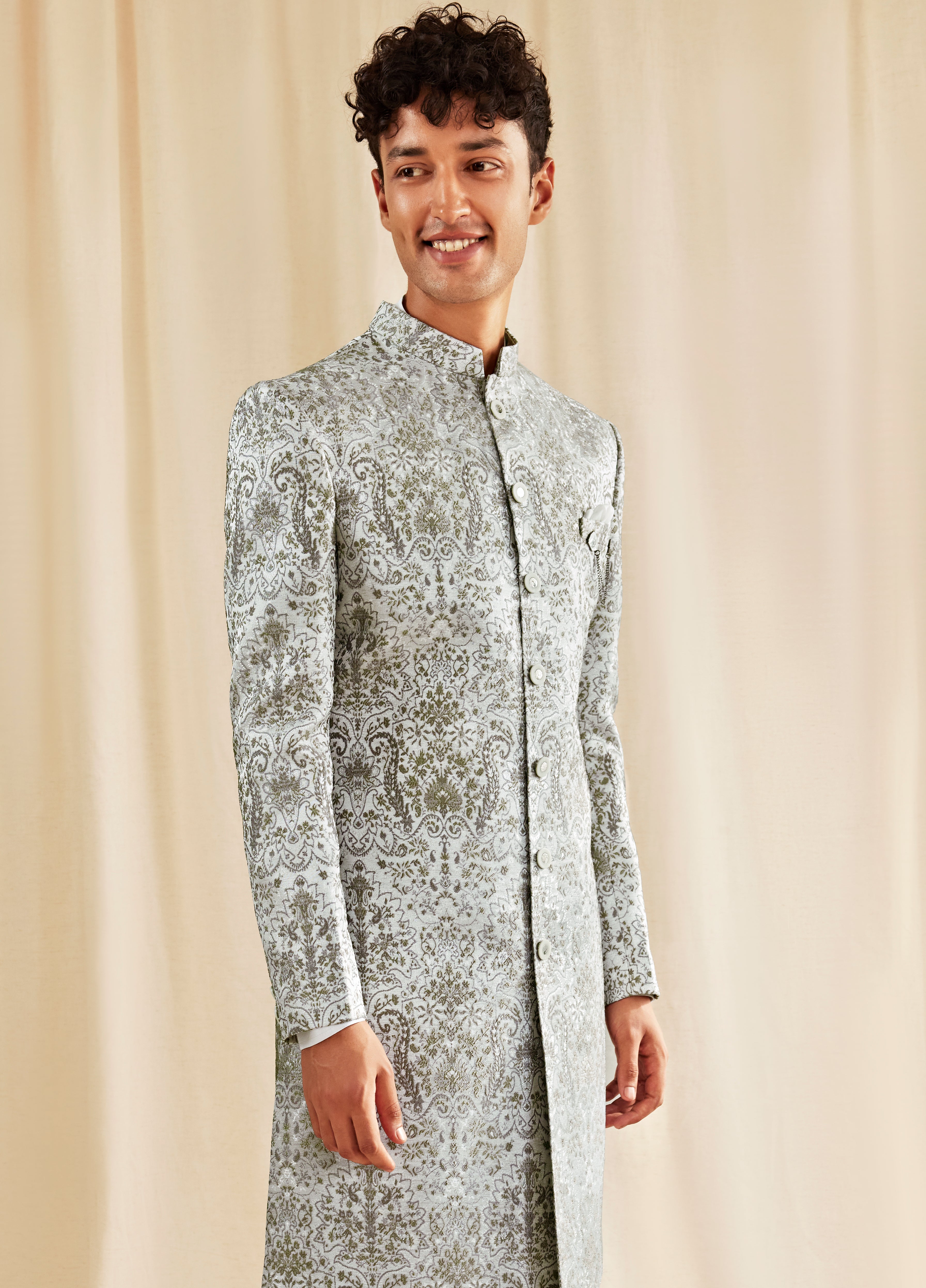 Silver Grey Jacquard Sherwani for Men – Elegant Wedding & Festive Wear
