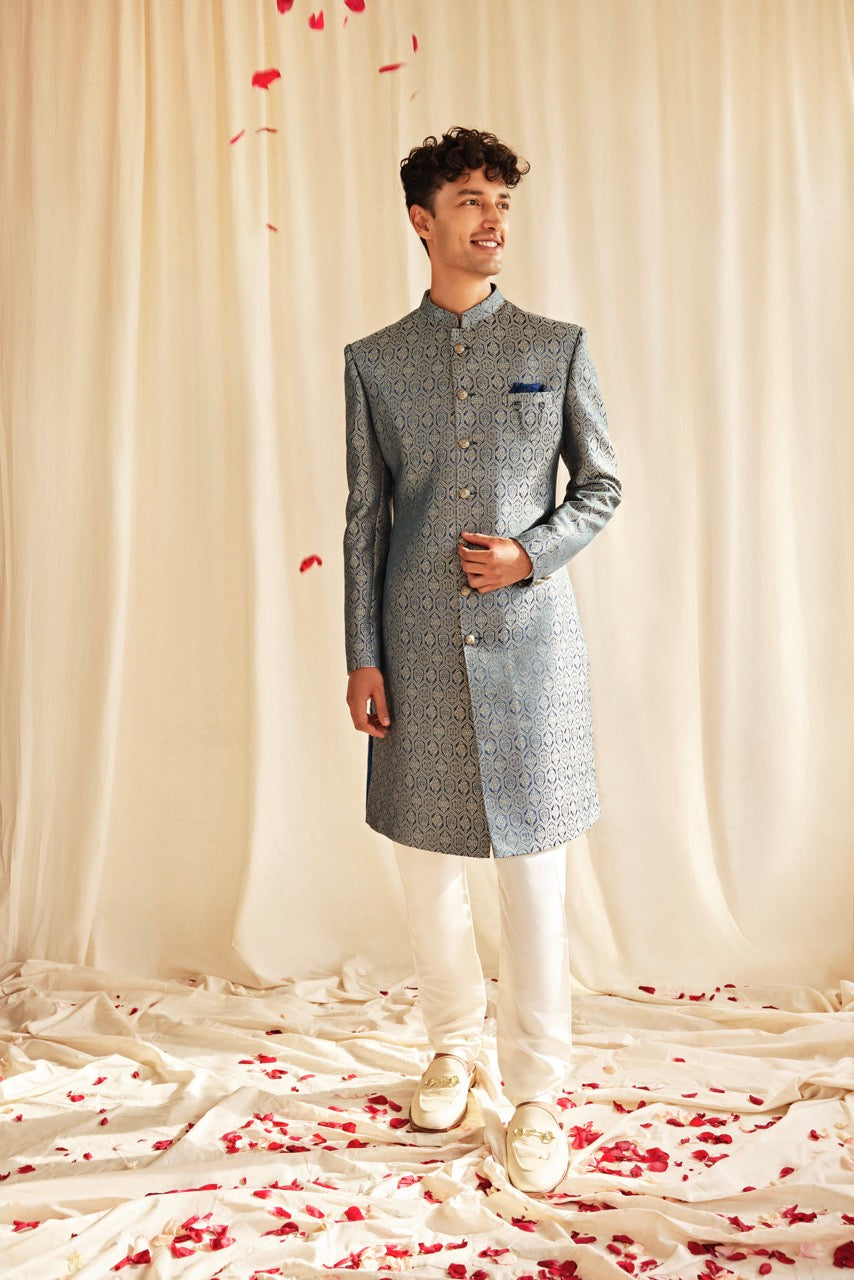 Powder Blue Jacquard Sherwani for Men – Luxury Wedding & Reception Wear